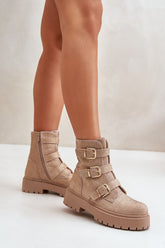 Bottines à brides réglables et strass - Beige